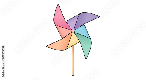 Colorful pinwheel toy with rainbow petals on wooden stick isolated on white background.