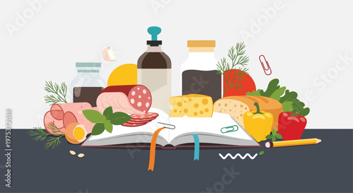 Still life composition with an open cookbook surrounded by meat cheese bread and fresh vegetables for cooking.