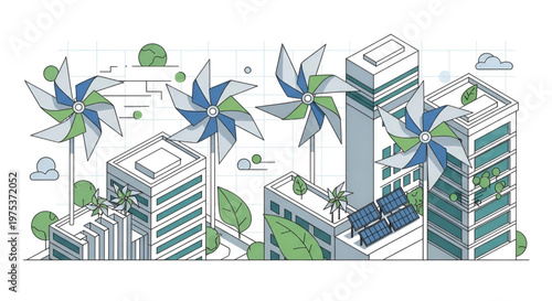 Isometric illustration of sustainable city with wind turbines and solar panels for clean energy.