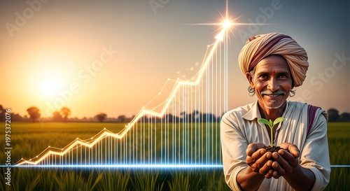 Indian Farmer Holding Sapling With Glowing Growth Chart