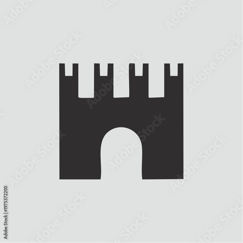 Minimalist dark grey castle silhouette with battlements and arched entrance on a light grey background, resembling an icon or graphic.