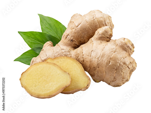 Fresh Ginger Root with Sliced Pieces and Green Leaves Isolated on Transparent Background