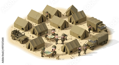 Isometric 3D military base illustration showing soldiers around a table in an army camp, with vehicles and tents arranged in a circle on a sandy surface, rendered in a clean, vector style
