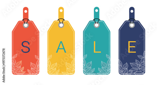 Set of four colorful sale price tags in red, yellow, teal, and blue features elegant white leaf patterns and bold lettering.