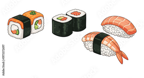 Selection of realistic sushi including salmon rolls, tuna maki, and shrimp nigiri is presented as a delicious food illustration.