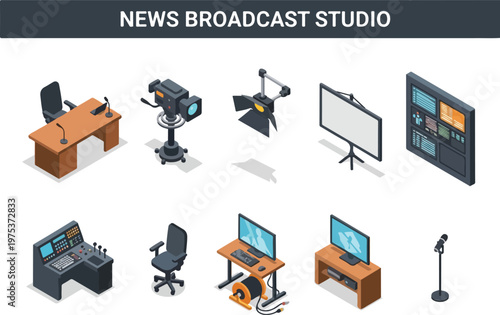 Collection of isometric illustrations depicting various elements of a news broadcast studio, including cameras, desks, and monitors