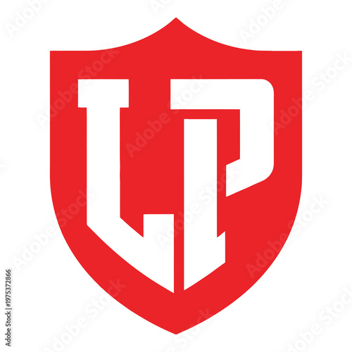 Foto Red shield logo with white letters UP on transparent background icon