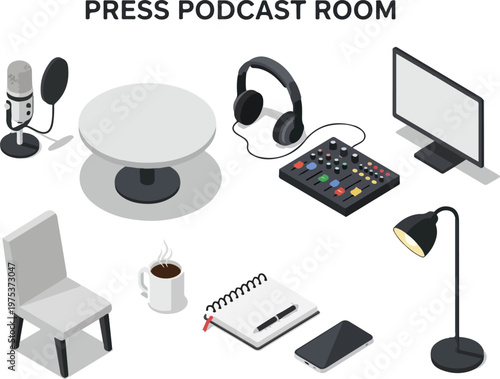 Setting up a press podcast room with audio equipment, a desk, and a chair