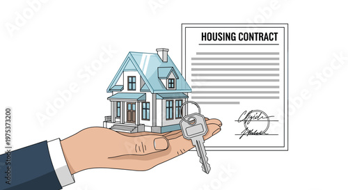 Real estate agent hands over house keys and a model home to a new owner next to a signed housing contract document for property sale.