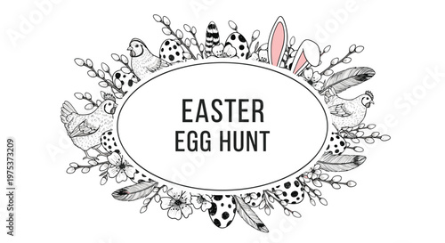 Decorative oval frame for an Easter egg hunt features hand drawn chickens, speckled eggs, pussy willow branches, and spring flowers.