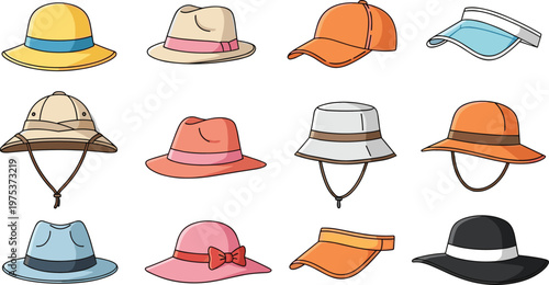 Collection of twelve illustrated hats in various styles including fedora baseball cap visor bucket safari and wide brim designs for fashion outdoor and sun protection
