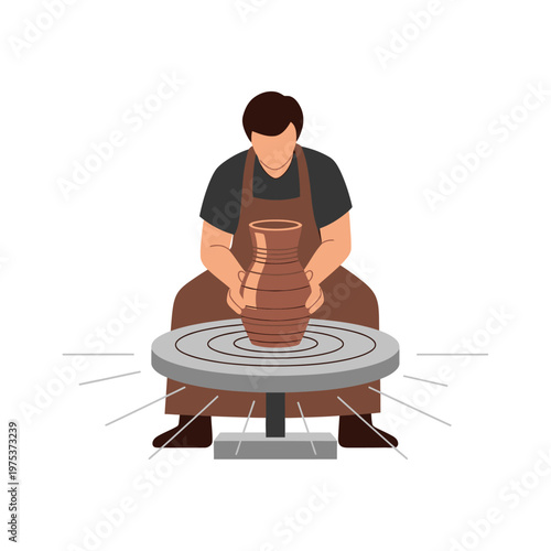 Potter shaping clay vase on wheel in studio