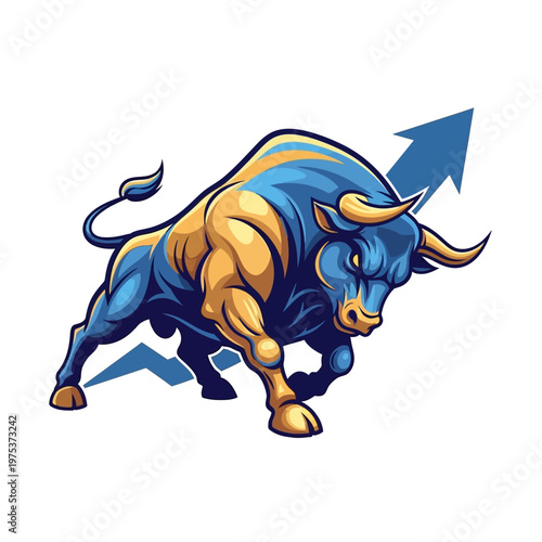 Powerful blue and gold bull charging upward with arrow