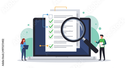 Quality assurance experts conduct a detailed online inspection using a laptop and a magnifying glass to verify a digital checklist report.