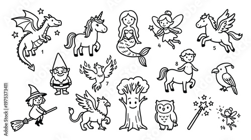 Collection of fantasy creatures and mythical beings hand-drawn in a charming doodle style perfect for children's illustrations and magical designs