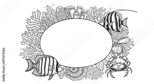 Underwater themed oval frame is decorated with detailed sketches of tropical fish, coral branches, and a small crab at the bottom.