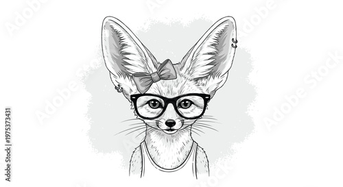 Fennec fox character wearing black rimmed glasses and a bow is illustrated in a modern sketchy black and white style.
