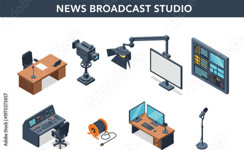 Collection of isometric broadcasting equipment in a news studio setting