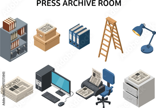 Collection of office supplies and archive room equipment in isometric view