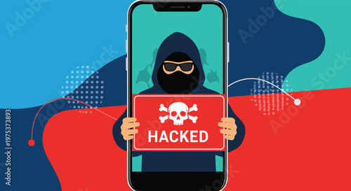 Mobile security threat alert shows a hooded hacker appearing through a smartphone screen holding a red hacked sign with a skull icon.