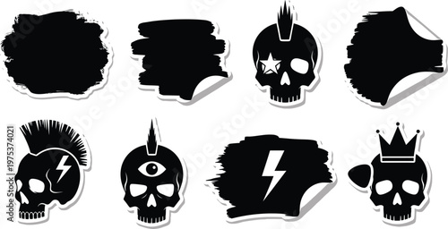 Skulls with Various Punk Rock Symbols and Graffiti on White Background