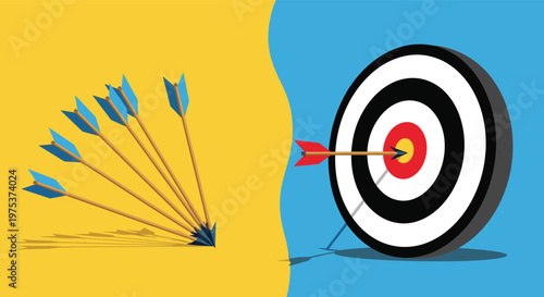 Success and determination concept shows multiple failed arrows on the ground while one single red arrow perfectly hits the bullseye on a target.