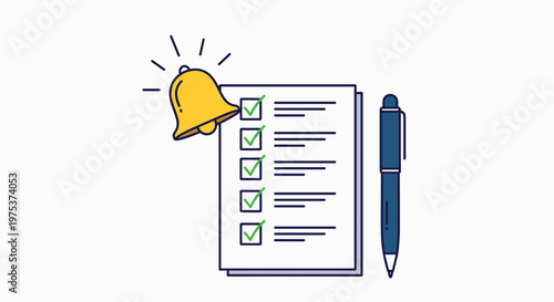 Important task reminder features a professional paper checklist with green checkmarks, a ringing golden bell, and a pen for organization.