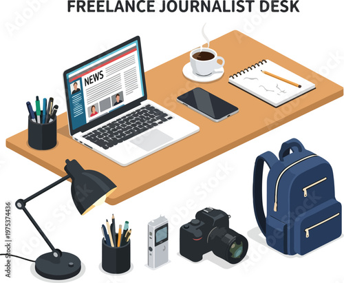 Freelance journalist's workspace with laptop, camera, and coffee, representing a dedicated home office setup