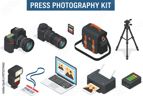 Collection of photography equipment for press and professional photographers