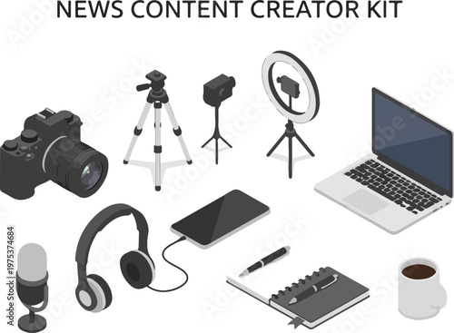 Set of isometric icons for news content creator kit, perfect for online publications and media