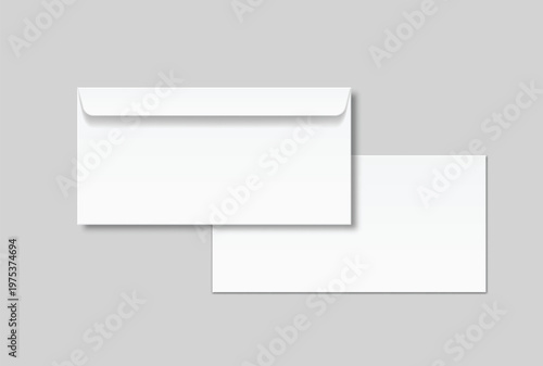 Blank white DL envelope mockup set with transparent window isolated on background. Open and closed view of realistic paper mailer for business letters, corporate branding, and office stationery