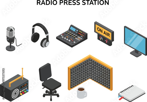 Radio press station elements microphone, headphones, mixer, monitor, radio, chair, cup, notebook, and soundproofing panel