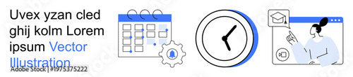 Scheduling, time tracking, online education, virtual classes, productivity, task management. Illustrated calendar with gear, clock symbol online education interface. Time tracking and online