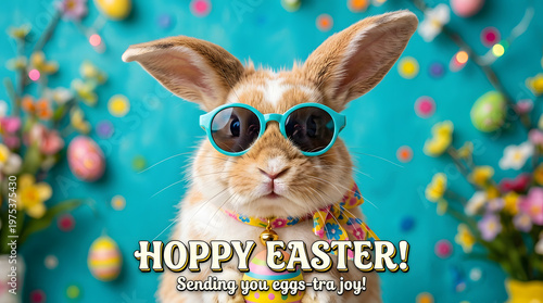 Cute Bunny Rabbit Wearing Sunglasses and Scarf Celebrating Easter Holiday Season With Festive Decorations Background Stock Image Cute bunny Rabbit