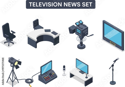 Set of television news studio equipment including cameras, desk, microphone, lights, and monitor