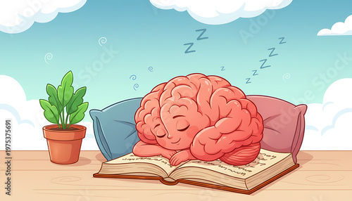 Cute cartoon brain sleeping on an open book with pillows and dreamy clouds for study rest. Mental Wellness & Creative Learning