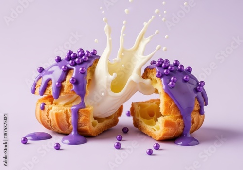 Cream puff split open with purple icing and splashing milk drops