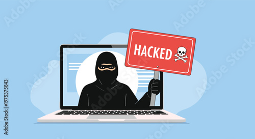 Online security breach notification features a laptop screen showing a hooded thief holding a red sign with text hacked and a skull icon.