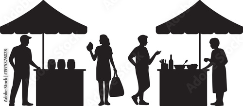 Street market food stall silhouettes, vendor and customers black vector collection isolated on white background, urban shopping illustration design