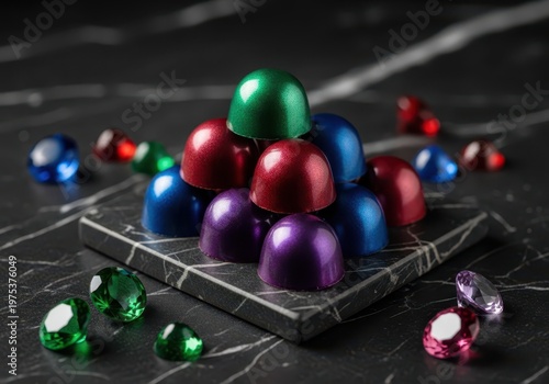Pyramid of colorful metallic truffles with gemstones on marble table
