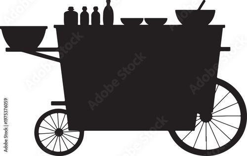 Street food cart silhouette, mobile vendor stall with bottles and bowls black vector isolated on white background illustration design