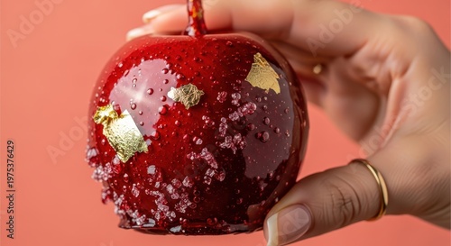 Hand holding a glossy red candy apple with edible gold leaf flakes