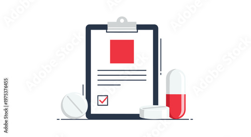 Medical prescription and healthcare checkup features a clipboard with a red health logo, a checklist, and various medicinal pills and capsules.