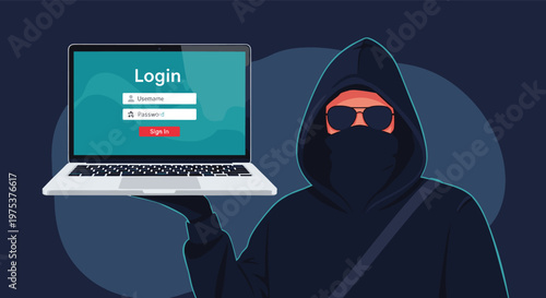 Cybercriminal wearing a hood and sunglasses holds a laptop displaying a login screen to demonstrate the danger of password theft and hacking.