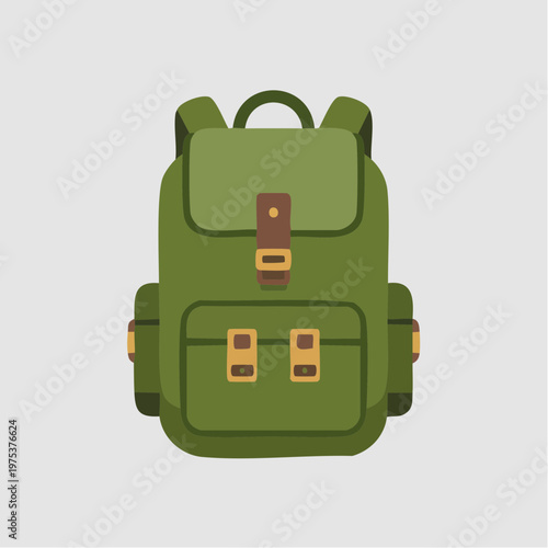 Green backpack with brown buckles.