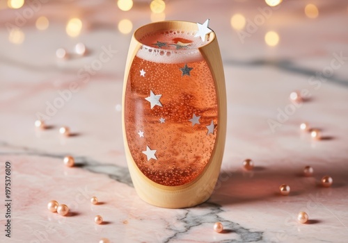 Glass of sparkling rose wine with floating stars on marble surface
