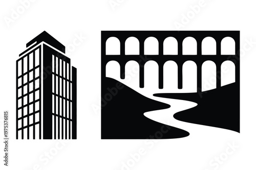 Skyscraper building and ancient roman aqueduct with river vector illustration