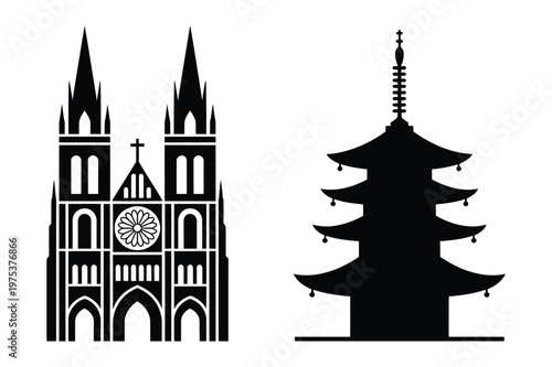 Gothic cathedral church and traditional japanese pagoda temple vector