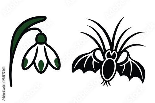 Stylized vector illustrations of a snowdrop flower and a flying bat