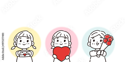 「ありがとう」を伝える子供たちのイラスト　ポイントカラー（手紙、花束、ハート）